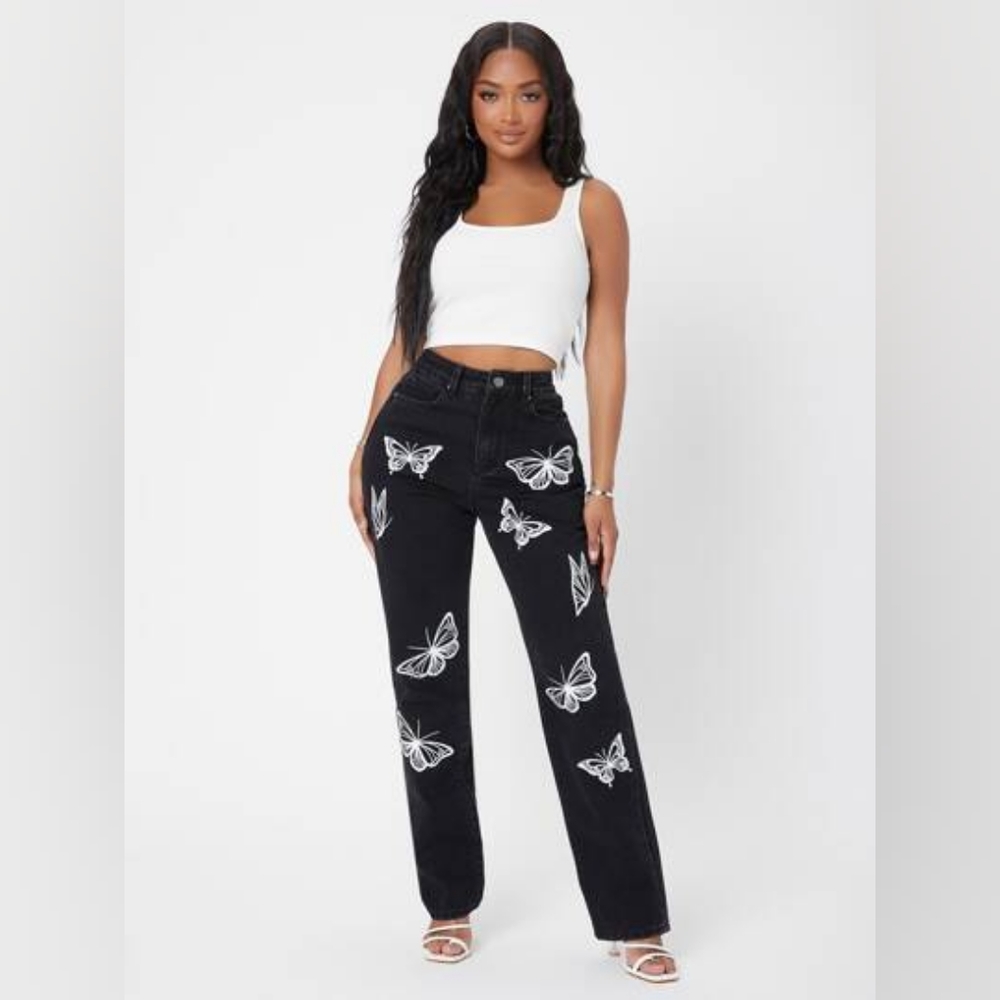Shein Women's Black Jeans with Printed Butterflies, size Large - Picture 3 of 4